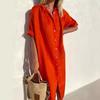 Elegant Lässig Locker Kurzarm Langes Hemdkleid Mode Revers Damen Übergröße Einfache Sommer Bürokleider Weiblich Einfarbig Damenbekleidung
