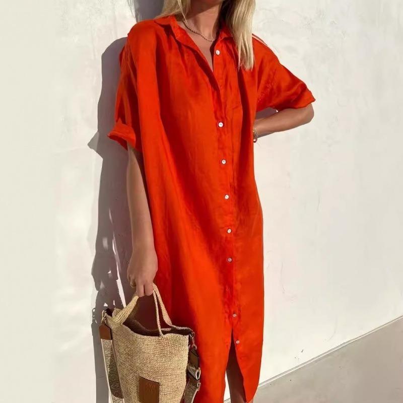 Elegant Lässig Locker Kurzarm Langes Hemdkleid Mode Revers Damen Übergröße Einfache Sommer Bürokleider Weiblich Einfarbig Damenbekleidung