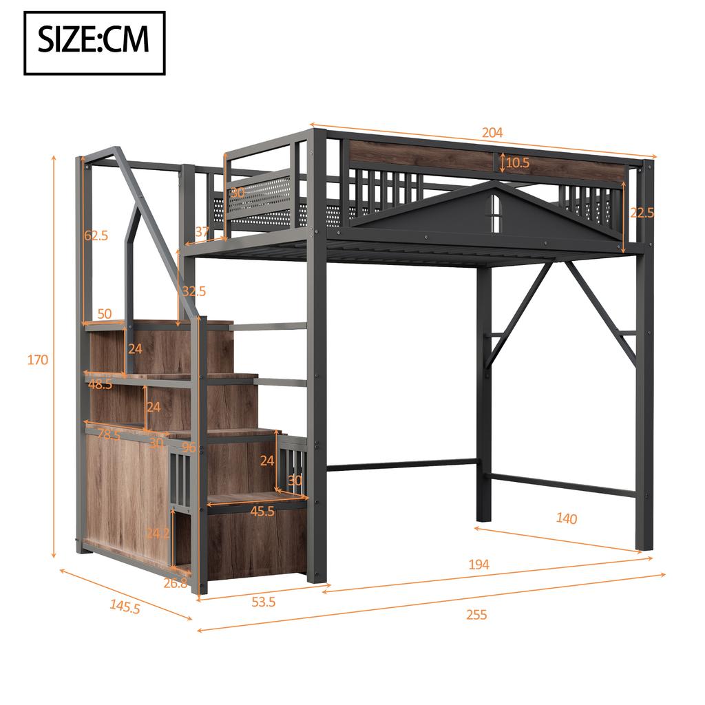 Metal Loft Bed 140 x 200 cm, Unique Safety Enclosure with Window, Safety Ladder with Locker, Black, Old SKU is LDB00359AAB