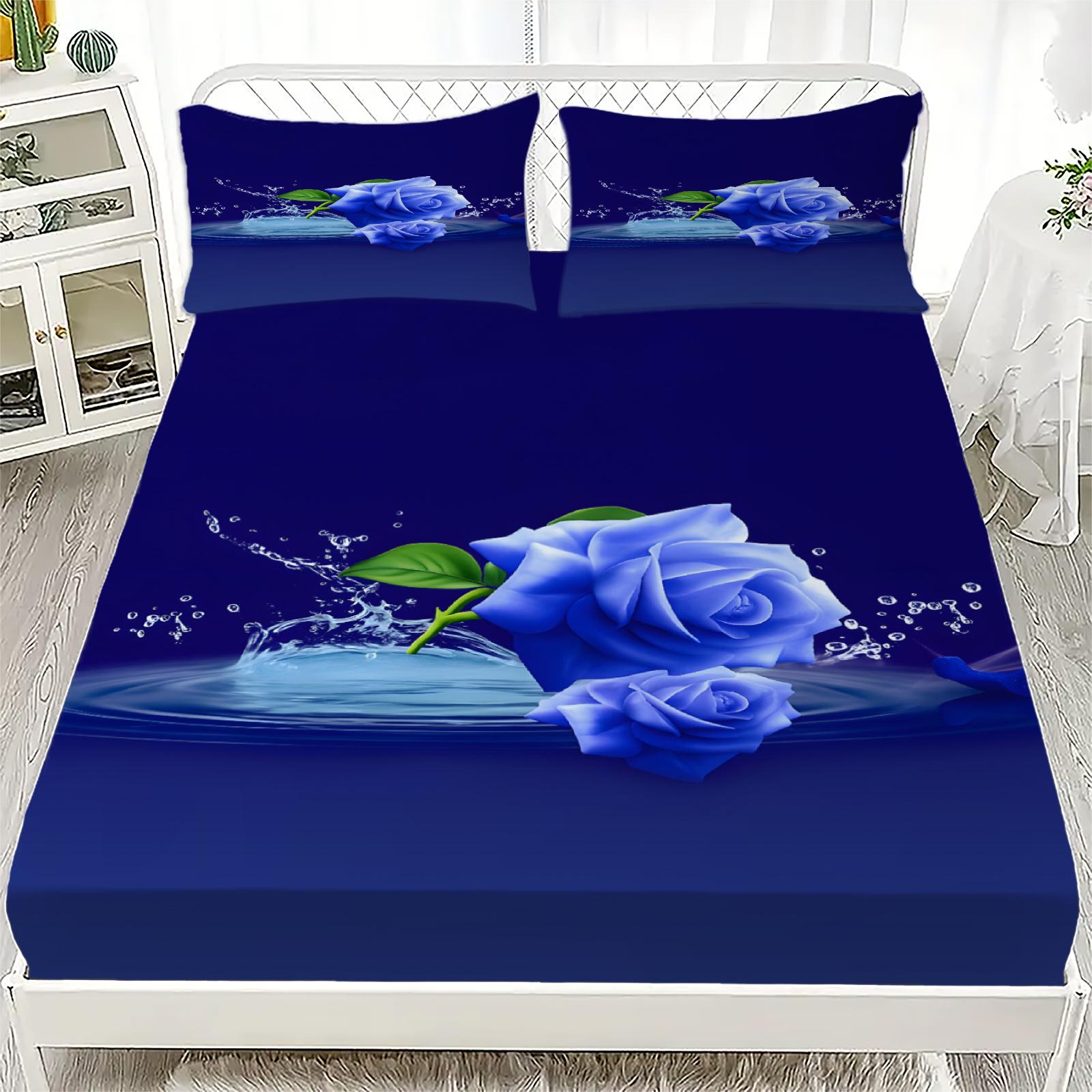 

1PC Blue Rose Bed Sheet Soft Digital Print Fitted Sheet Without Pillowcase Anniversary Gift For Wife Bedroom Decor Bed Linen 90x200x25cm