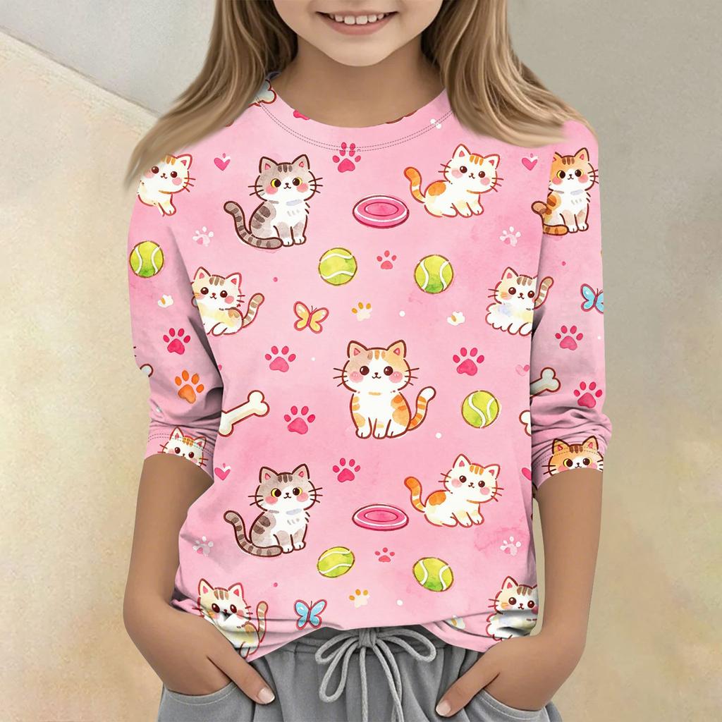Kinder Tierdruck Rundhals Dreiviertelarm Lässiges T-Shirt Weicher Stoff Bequeme Passform Leichtes Design
