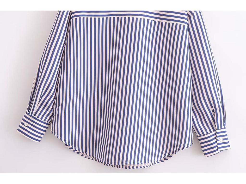 2025 Spring Women's Metallic Thread Striped Long Sleeve Shirt with Turn-Down Collar, European & American Style.