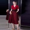 French Spring/Summer 2026 Women's V-Neck Black Bow Tie Jacquard Dress with Waist-Cinching and Wide Hem.
