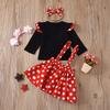 Little Girl Princess Outfit: Black Puff Sleeve Top, Polka Dot Overalls Skirt, and Bow Headband Set