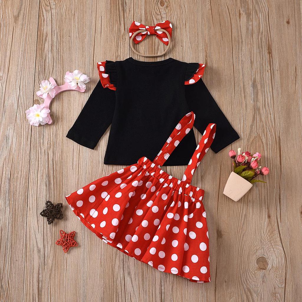 Little Girl Princess Outfit: Black Puff Sleeve Top, Polka Dot Overalls Skirt, and Bow Headband Set