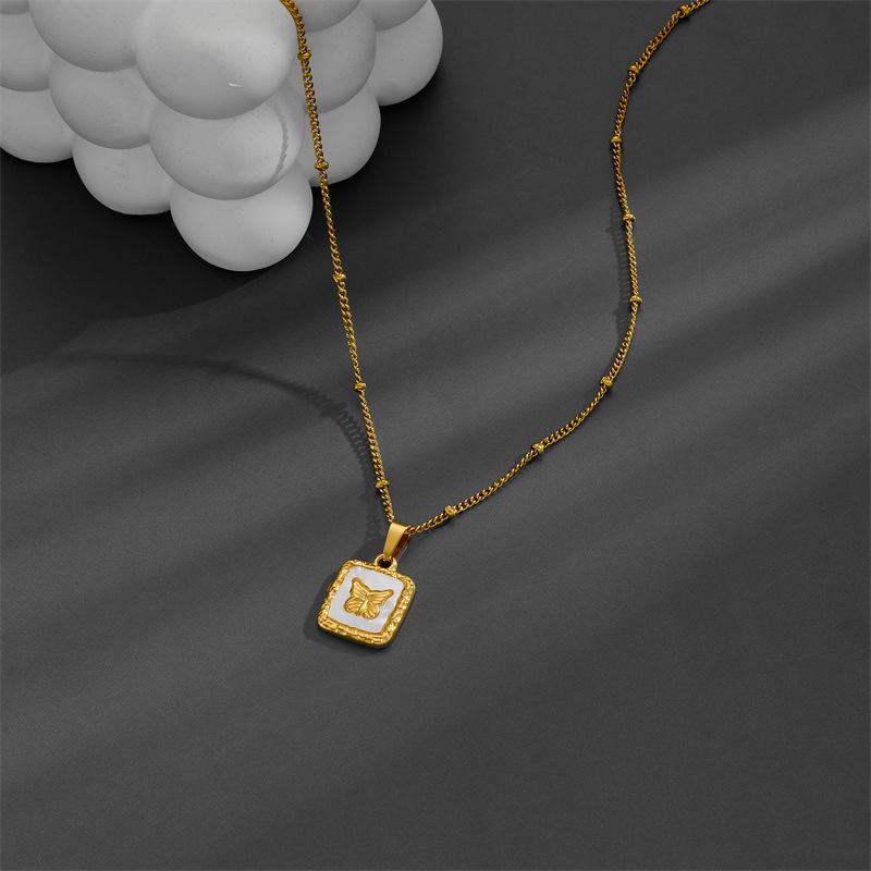 Elegant Rose Butterfly White Shell Pendant Necklace in Titanium Steel