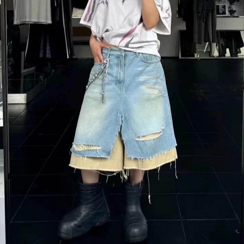 DRIPX Streetwear Y2k Mens Fake Two-piece Contrast-colored Denim Cropped Shorts Wash Patchwork Ripped Cargo Jeans Shorts Baggy M