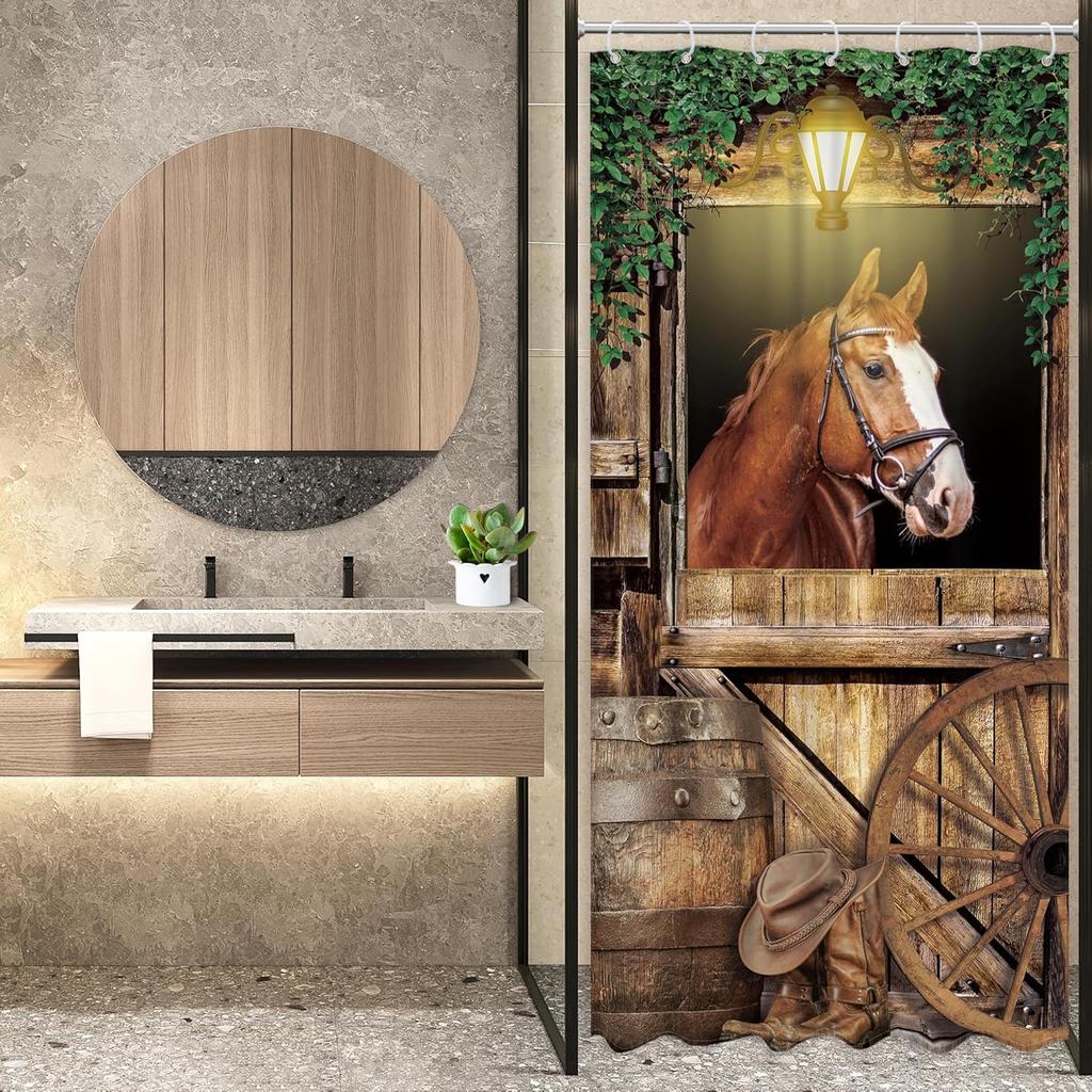 Funny Cow Shower Curtain with Western Bull & Donkey Design – Rustic Barn Door Farm Animal Bathroom Decor