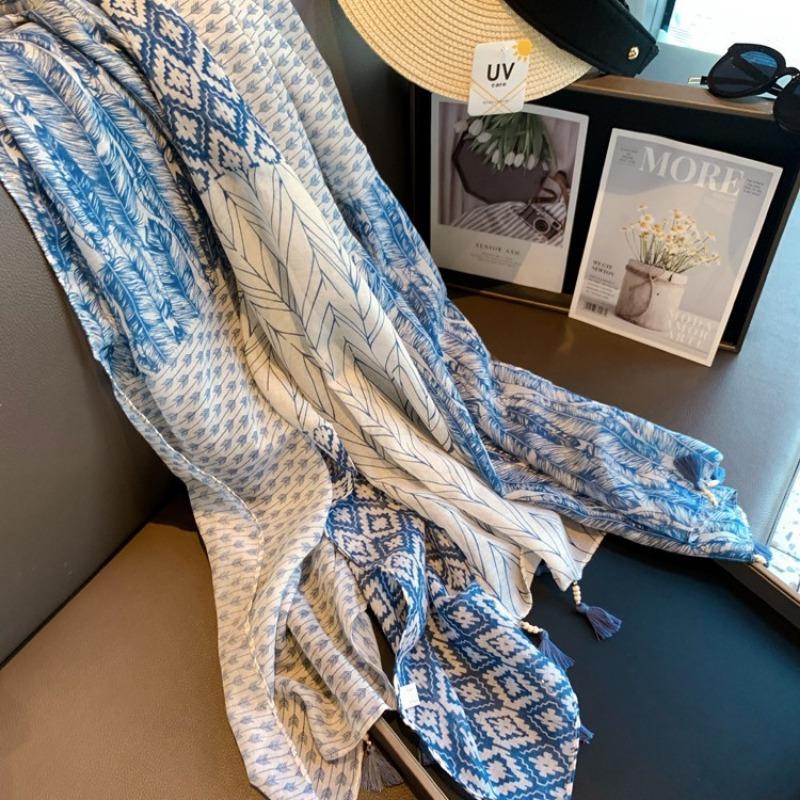 Silk Scarf Women's Summer Versatile Thin Gauze Cotton and Linen Scarf Blue Feather Fringed Beach Towel Sun Protection Shawl