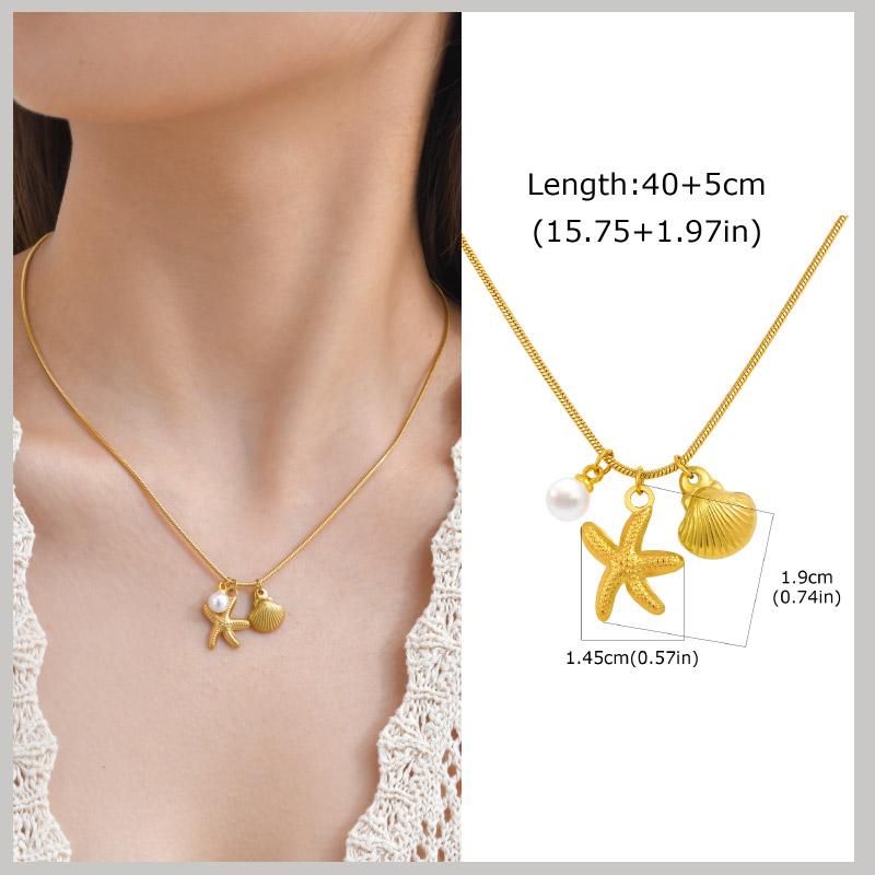18k Gold Plated Pearl Shell Conch Starfish Summer Beach Necklace, Charms Necklace for Women,Stainless Steel Waterproof Jewelry