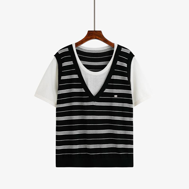 Женский поддельный двухсекционный топ, женский полосатый вязаный свитер, летняя утягивающая свободная футболка с короткими рукавами XL чёрный