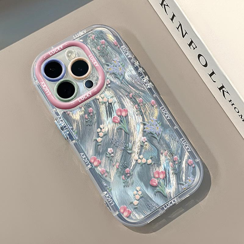 Full Screen Small Flowers Suitable for Apple 15 Cream Feather Yarn Small Fresh Mobile Phone Case Iphone13 16proamx Anti Fall