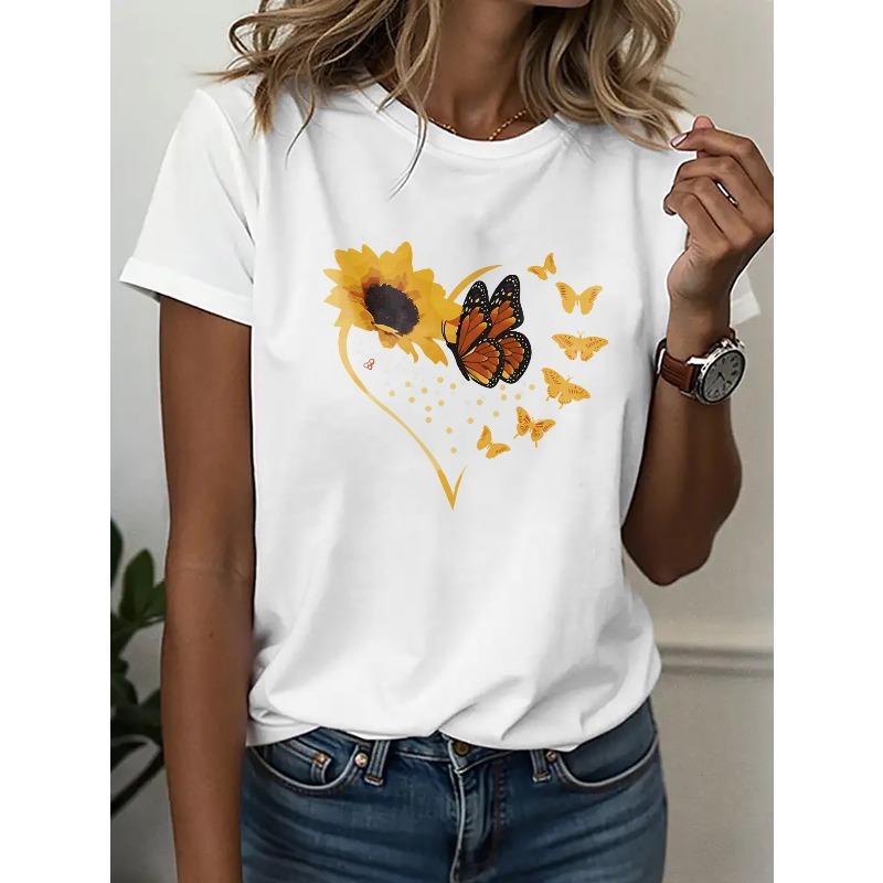 Women's Casual Sport T-Shirt Round Neck Sunflower Butterfly Floral Print Spring Gift Short Sleeve Top
