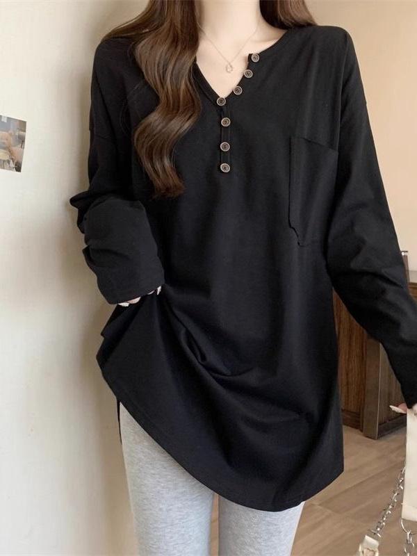 2026 Spring White Cotton Slimming Long-Sleeve Top with Half-Button Collar