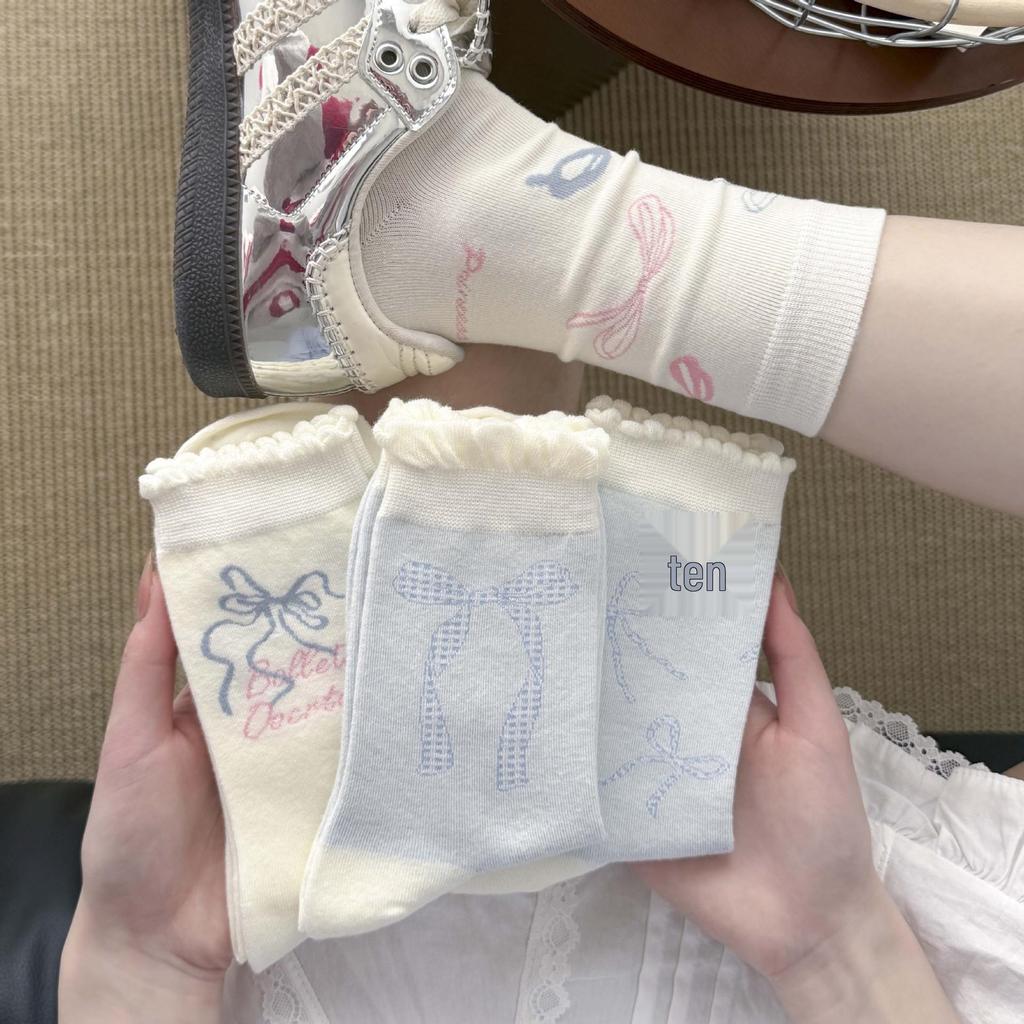 Light Blue Ballet Bow Mid-Calf Socks - Korean Cotton Ruffle Design.