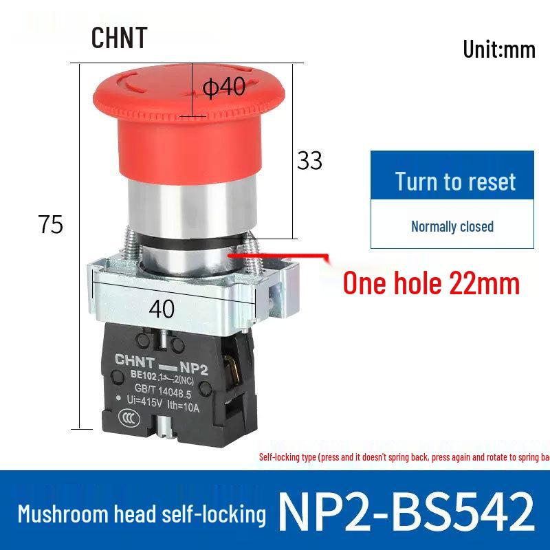 Zhengtie NP2-BS542 22mm Self-Locking Mushroom Head Emergency Stop Button Switch