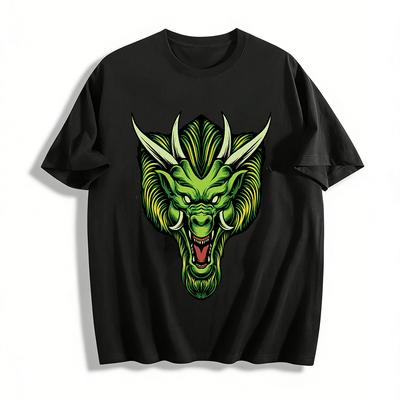 Vintage Green Dragon Head Print Tee Street Style Loose Casual Top Pure Cotton T-shirt