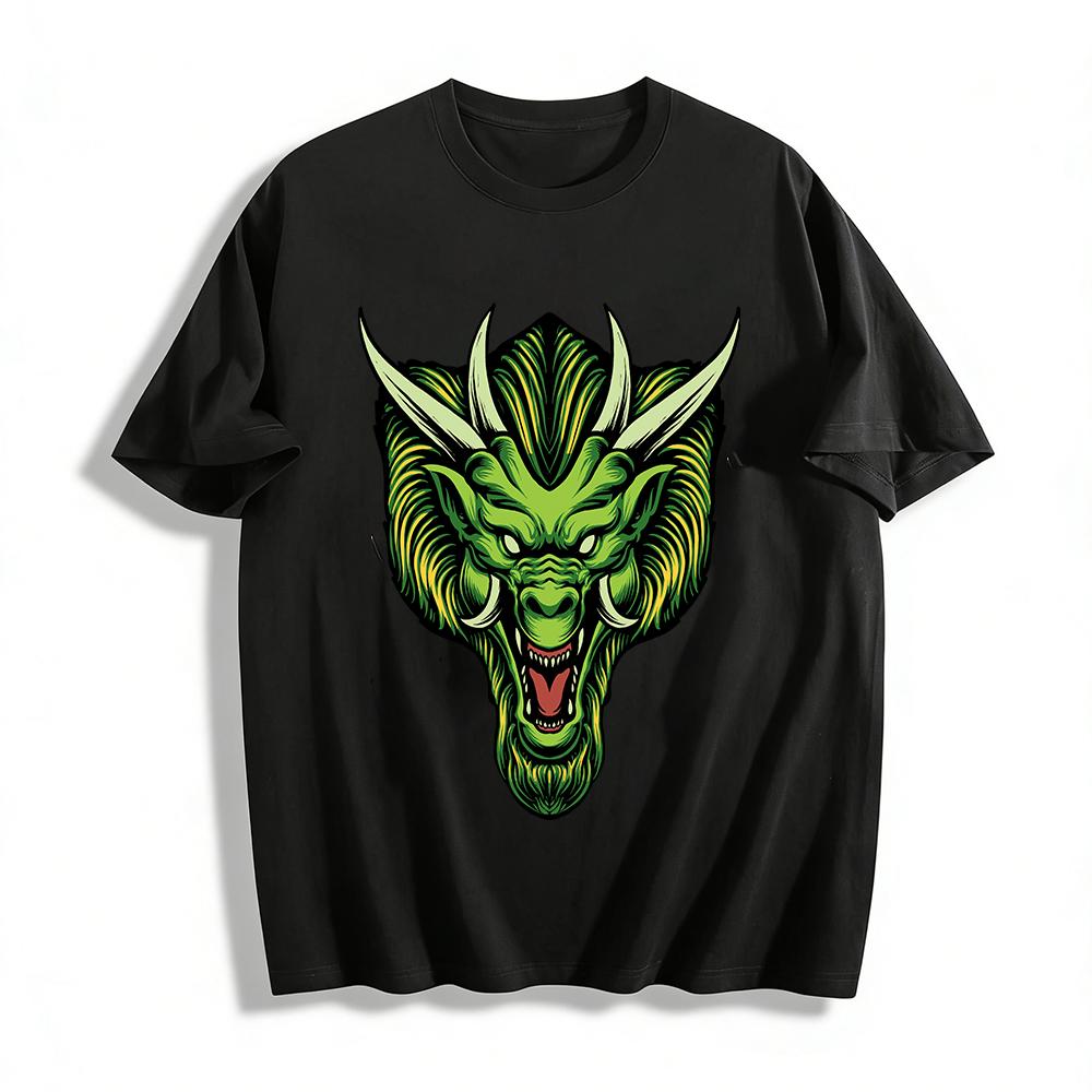 

Vintage Green Dragon Head Print Tee Street Style Loose Casual Top Pure cotton T-shirt XXS