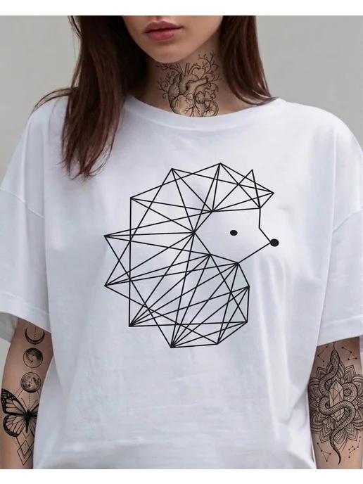 Minimalist black-and-white diamond-pattern hedgehog T-shirt L
