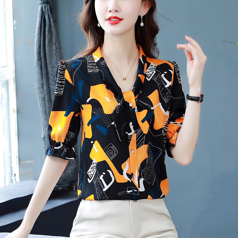 2023 Summer Fashion V-Neck Print Loose Ruffled Short-Sleeve Chiffon Top for Women