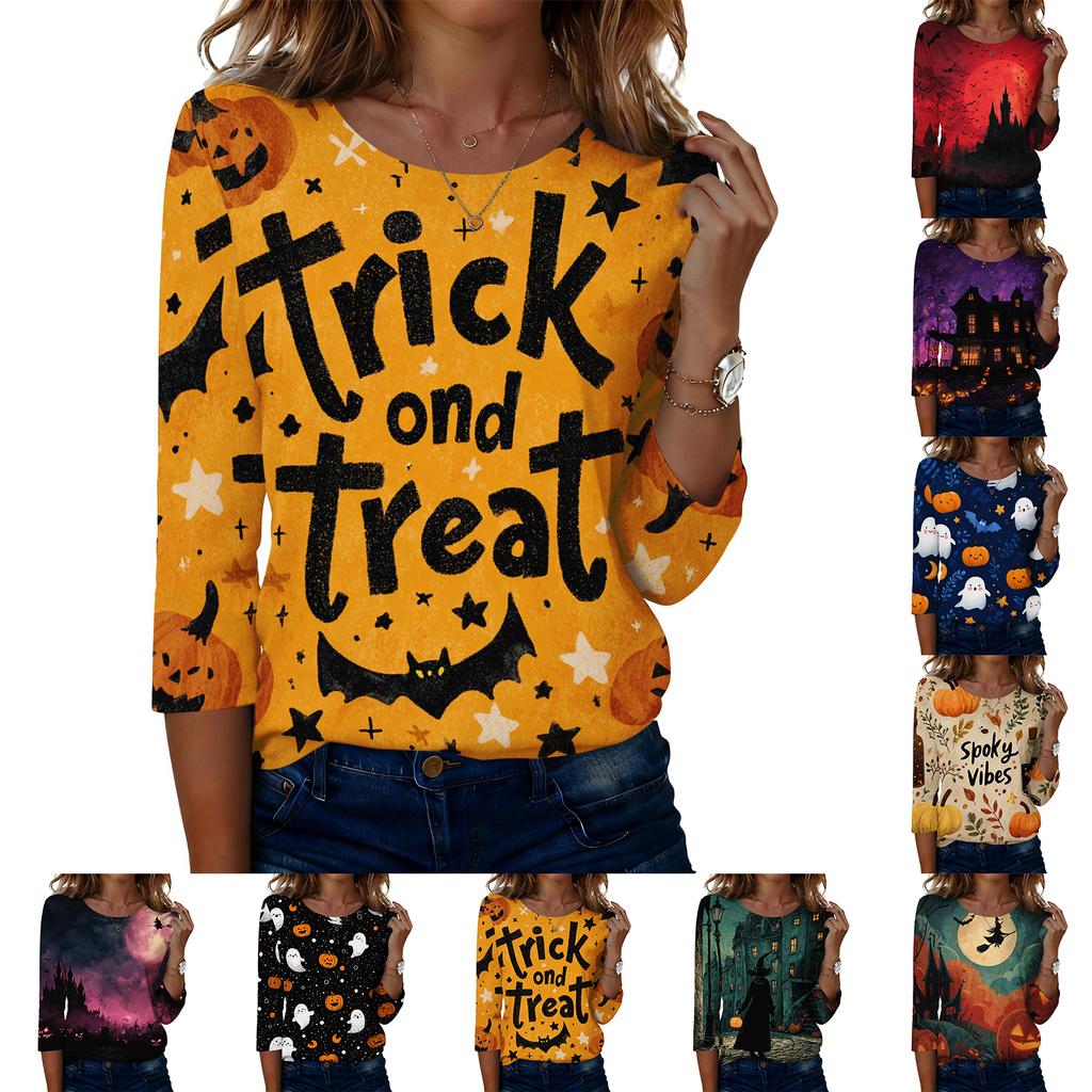Women's Casual Halloween Print Round Neck Three Quarter Sleeve T Shirt Top Lightweight Comfortable Fit Seasonal Design