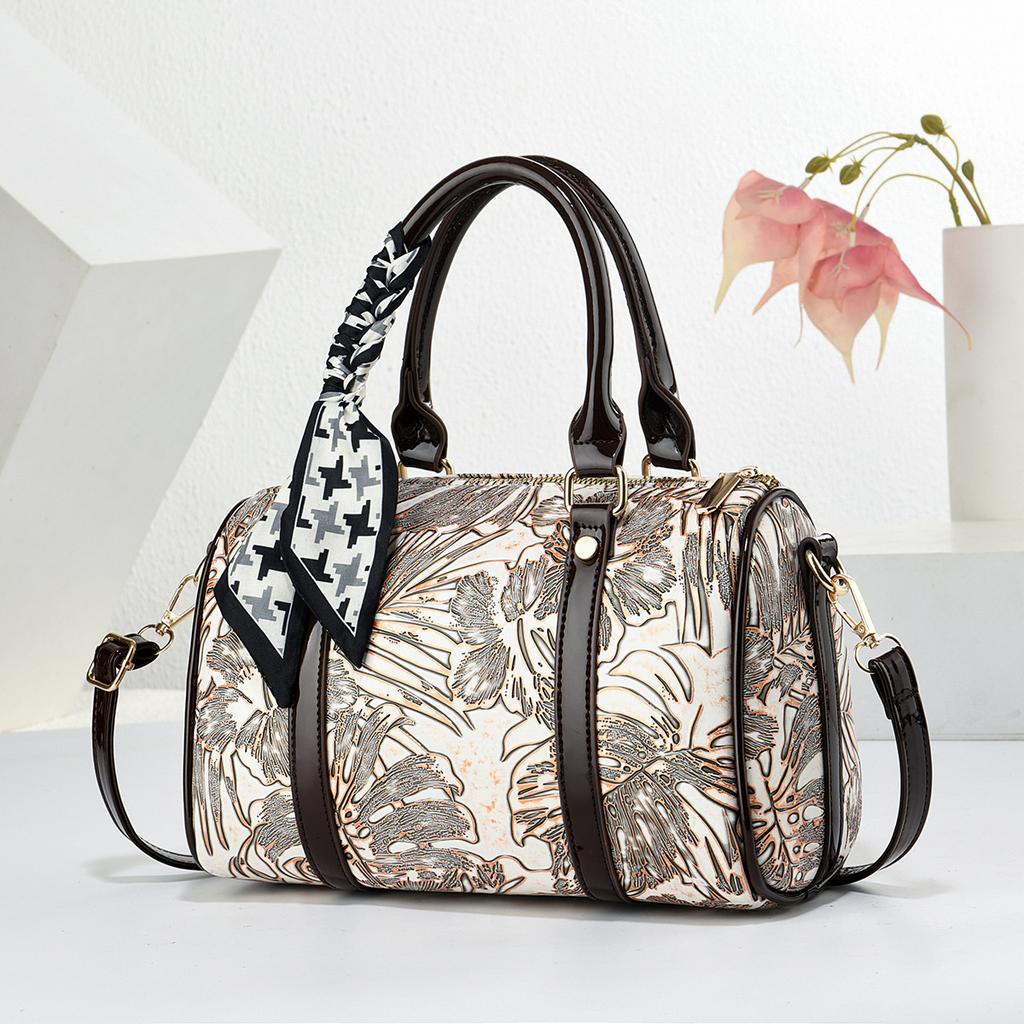 Fashionable Large Capacity Boston Women's Bags Retro Print Commuter Tote Bag Single Shoulder Crossbody Bag PU Material Handbag
