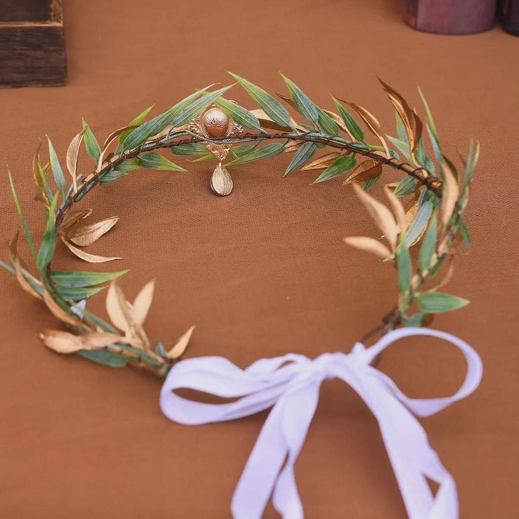 Zielony liść bambusa i złoty liść retro opaska na głowę z nakryciem głowy inspirowanym elfkami