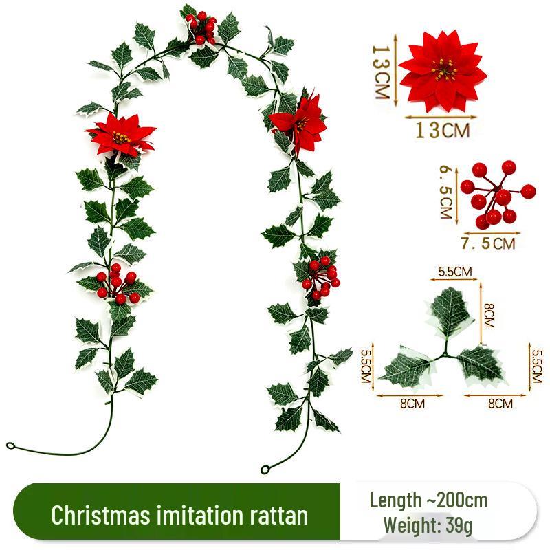 Christmas Red Berry Vine Greenery with Artificial Flowers for Holiday Decor