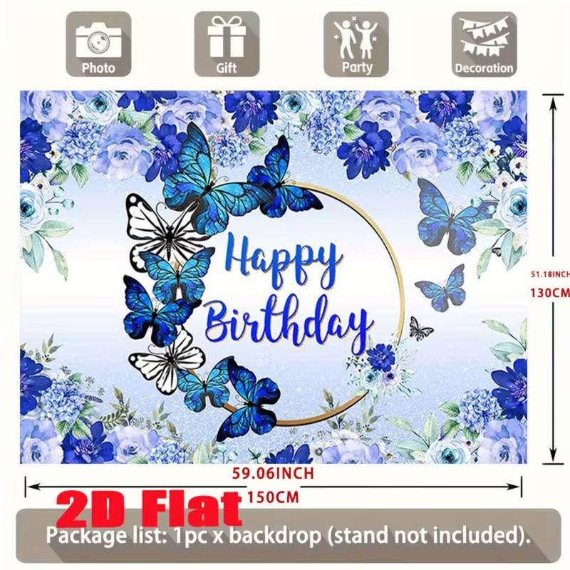 Whimsical Butterfly Birthday Backdrop, Delicate Blue Design with Butterflies and Flowers, Festive and Elegant Party Wall Decor