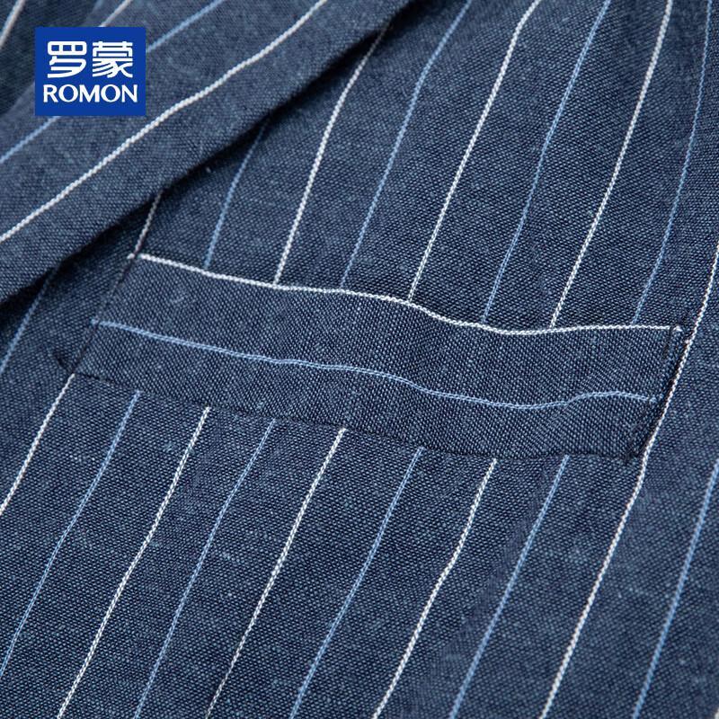 ROMON Men's Spring Autumn Linen Blend Slim Fit Striped Blazer