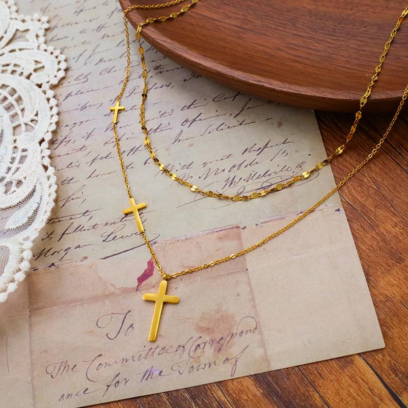 Stylish And Simple Cross Double-Layer Necklace Titanium Steel Does Not Fade 18K Gold Wind Women'S Collarbone Neck Chain