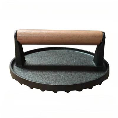Lilang Cast Iron Round Striped Meat Press with Beech Handle