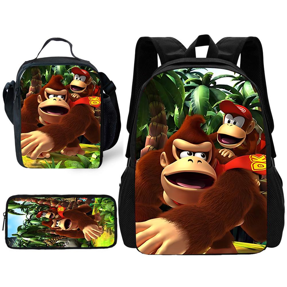 Child School Cartoon Donkeyeds Kongs Bananzaeds Backpack with Lunch Bags ,Pencil Bags ,School Bags for Boys Girls Best Gift