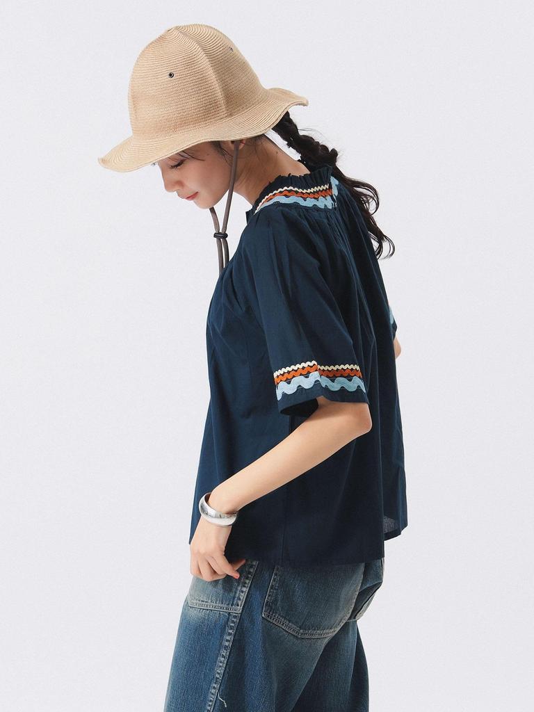 Beams Boy Shirt Trepied Tape Gathered Smock Navy Free S/S [Special Order] Women's