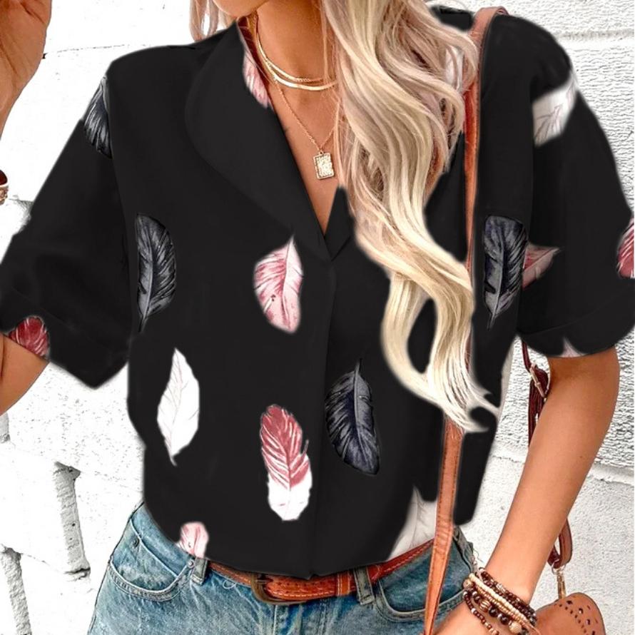 

Short Sleeve Lapel Feather Print Summer Women s Shirt Clothes Sale S чёрный