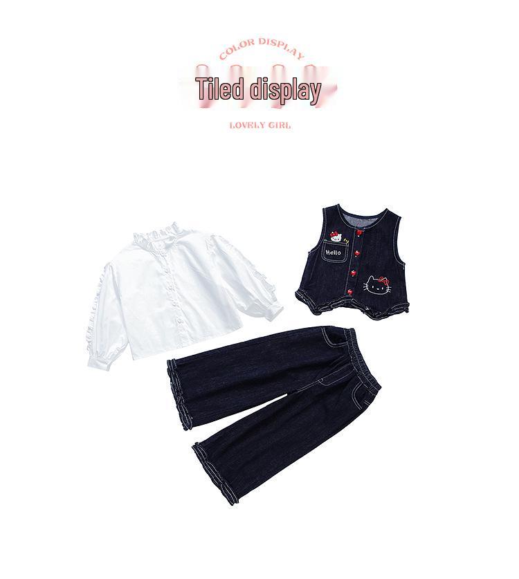 Girls' Cat Embroidered Denim Vest Set - 2025 Autumn Fashion Three-Piece Outfit