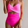 European American Color Block Spliced Cutout One-Piece Swimsuit with Adjustable Cross Tie-Up.