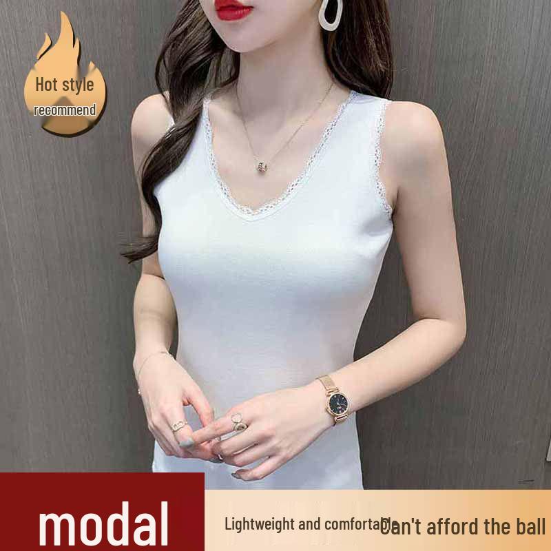 

Женский модальный ребристый топ-майка с V-образным вырезом и кружевной отделкой - Стройнящий, Модный, Универсальный базовый слой для весны/лета. M (recommended for under 47.5 kg)