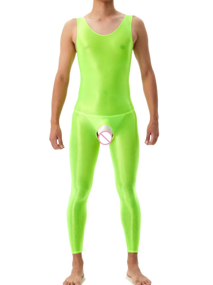 Sexy Crotchless Satin Oil Glossy Shiny Bodysuit Sheer See Through Yoga Tights Elastic Shaping Leotard Jumpsuit Candy Color
