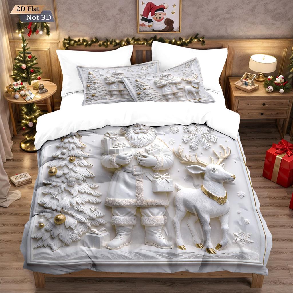 Three-piece Christmas Bedding Set, Brushed Duvet Cover and Pillowcase Set with Santa Claus Digital Print