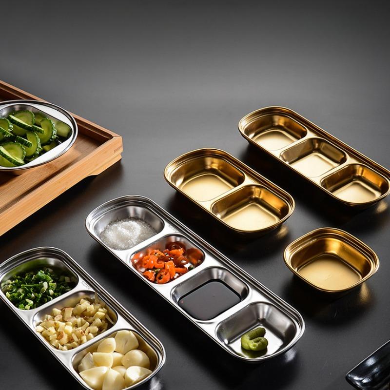 Stainless Steel Divided Dip Bowls Sauce Plate Seasoning Dipping Condiment Tray for BBQ Vinegar Spice Ketchup Salt Sugar Flavor