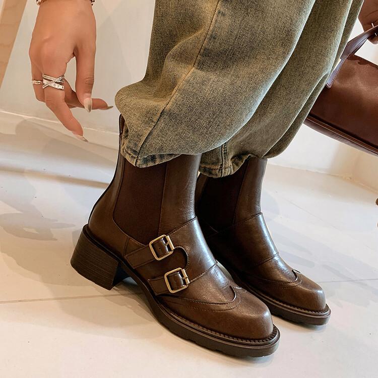 Fashion New Autumn Winter Split Leather Women Boots Chelsea Boots for Women Belt Buckle Round Toe Chunky Heel Ladies Shoes Zapatos Mujer