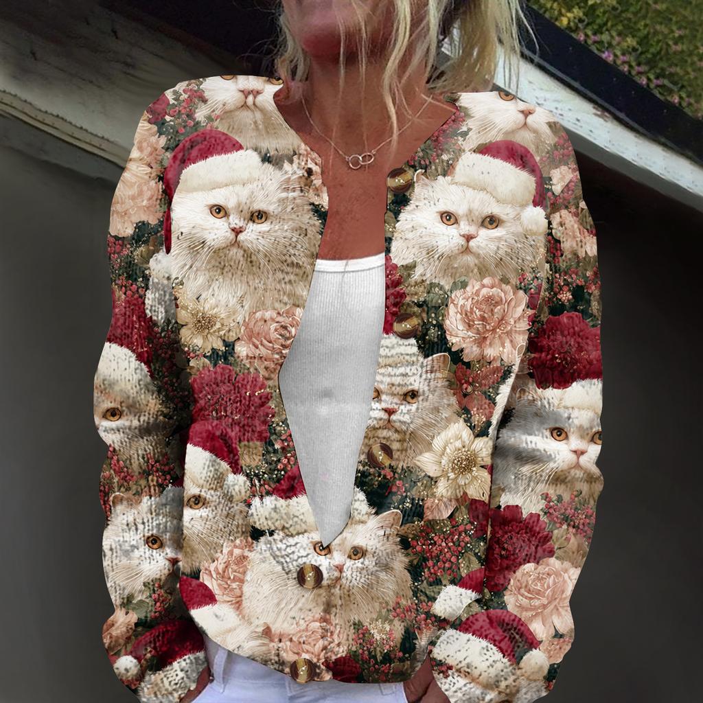 Women's Fashion Christmas Print Long Sleeve Knitted Cardigan Button Jacket