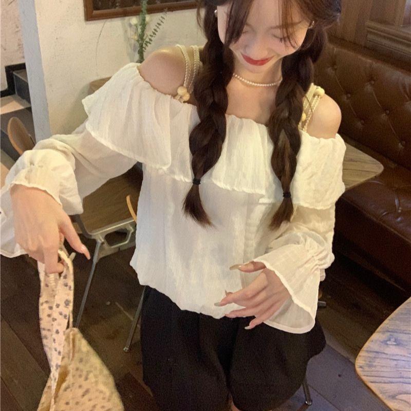 Off-the-shoulder Shirring Women's Shirt Strap with Round Beads Ruffle Edge Lantern Sleeve Blouse Spring New version Sweet Woman Top