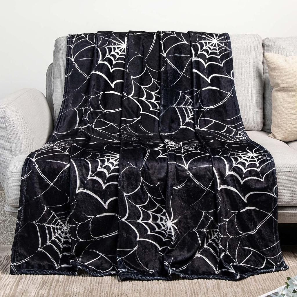 Gotische Spinnennetzdecke - Halloween-Themenüberwurf für Goth-Zimmerdeko, Schwarze Horror-Decke, Weicher Flanell für Couch, Bett und H