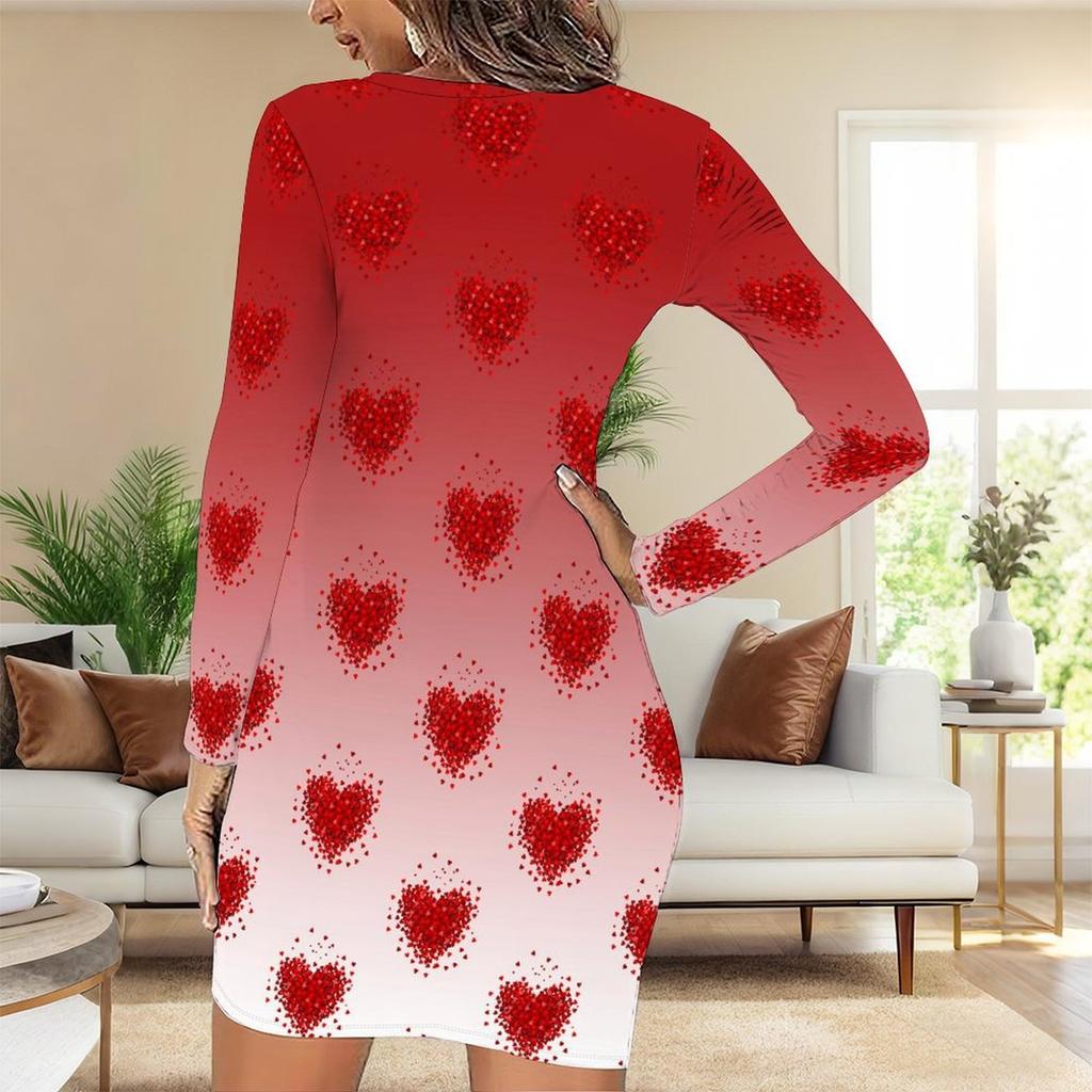 Podzim a zima 2025 Nové dámské módní šaty s 3D potiskem a barvením s motivem srdce, s dlouhým rukávem, kulatým výstřihem, obepínající boky, limitovaná edice ke Dni svatého Valentýna