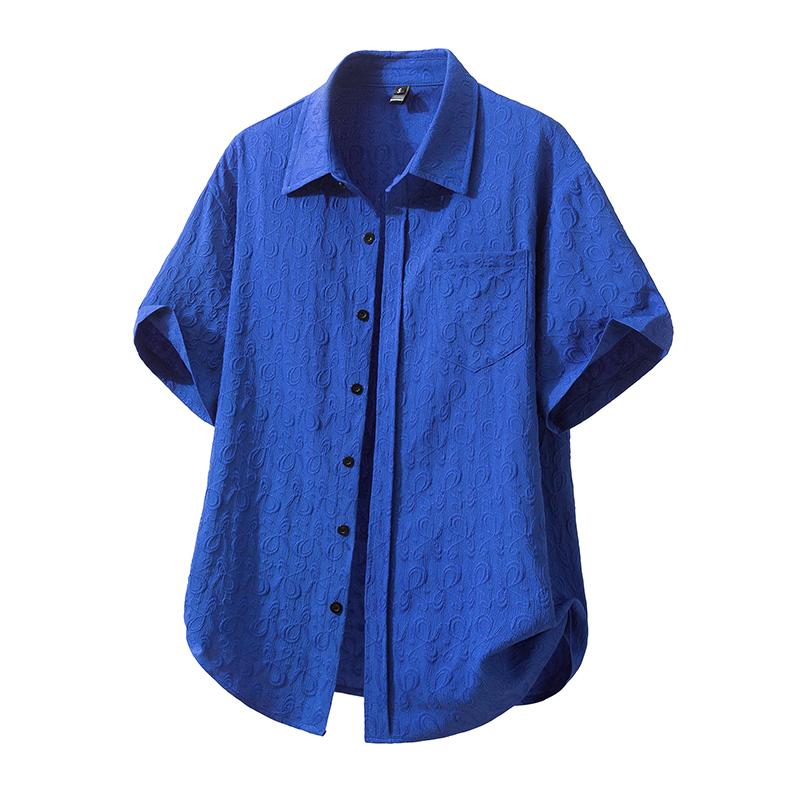 

Man Summer Clothing Butterfly Floral Jacquard Shirts Solid Color Short Sleeve Camisas Hombre Elegante Mens Beach Cuban Shirt Euro Size XXL синій