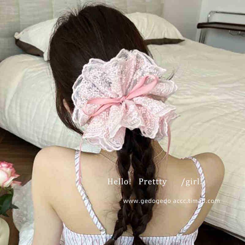 Elegant Korean Blue Striped Lace Trim Scrunchie