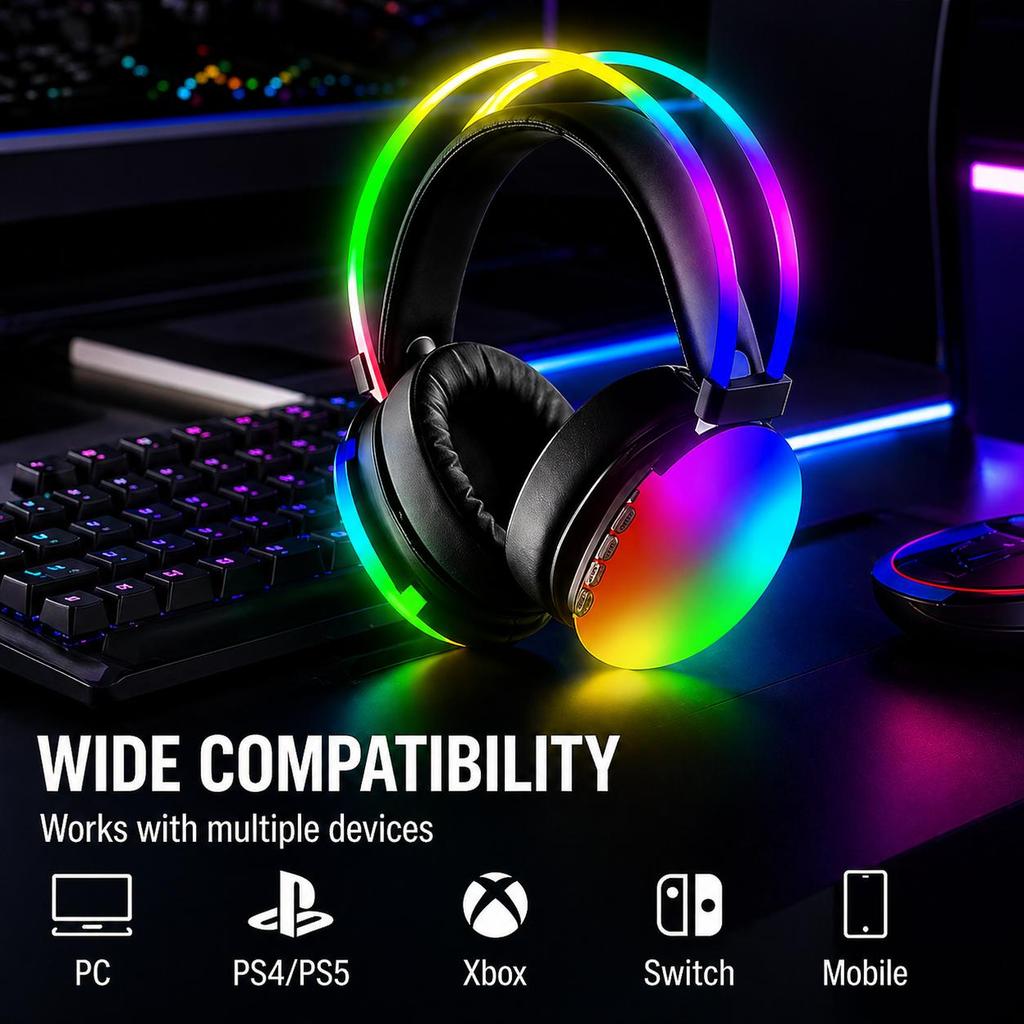Light-Up Gaming Headset: Wireless Over-Ear Headset with Gradient RGB Lighting Effects