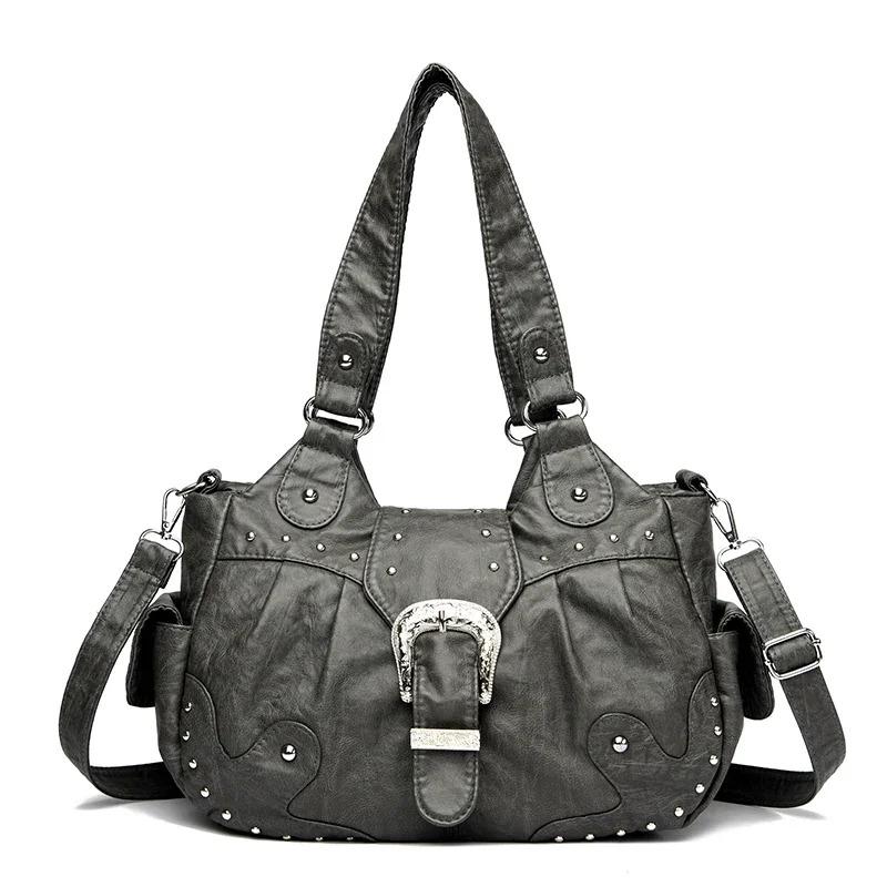 Stilvolle Lederhandtasche mit silbernen Nieten und Metallschnalle Damen Hohe Kapazität Vintage Weiches Leder Damen Lässige Schulter-Umhängetasche Reise